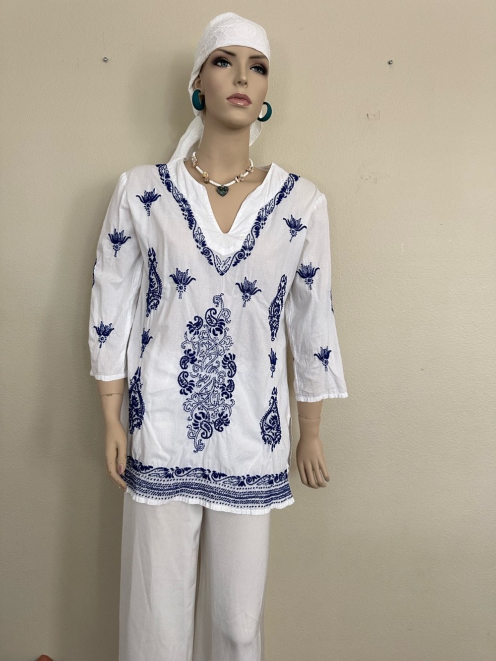 KikiSol White Tunic with Navy Embroidery